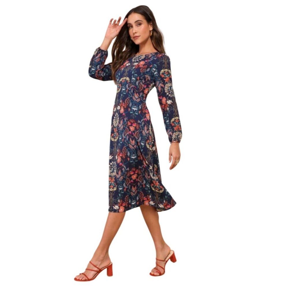 I.Madeline‎ Garden Splendor Navy Blue Floral Print Long Sleeve Midi Dress Size M